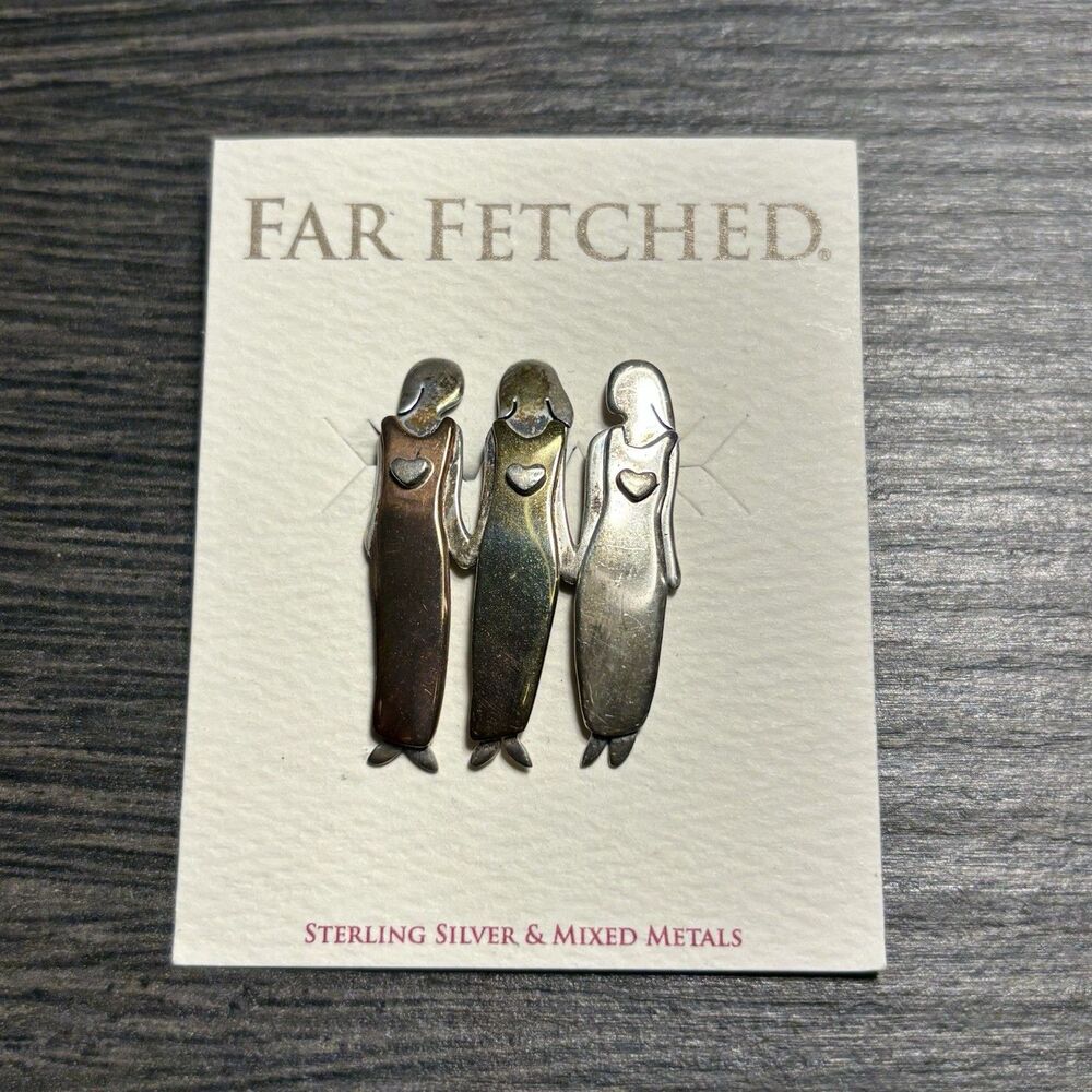 Vtg Far Fetched 3 Sisters Heart Pin Brooch Silver Copper Brass Mother Daughter